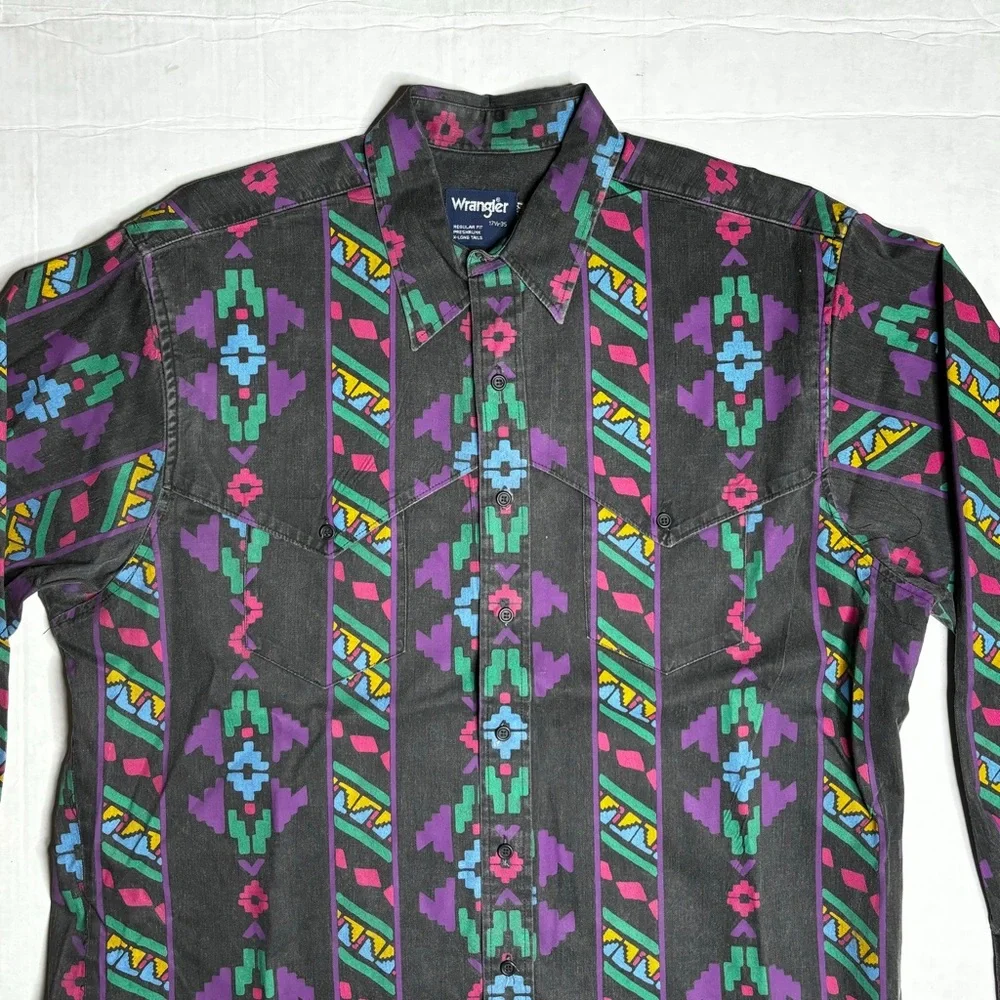 Vintage Wrangler Brushpopper Aztec Western Cowboy Shirt Size 17.5x35 Thick Black - Picture 2 of 7